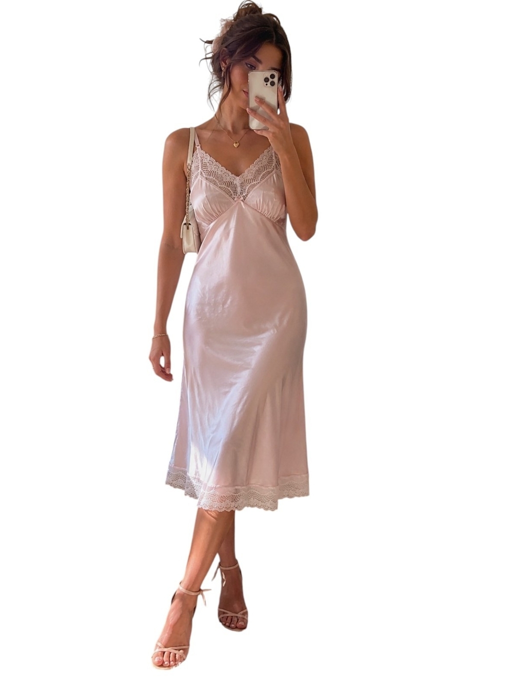 Vintage 80's Ashley Taylor Pink Lace Slip Dress Midi Satin Coquette Size 34 USA